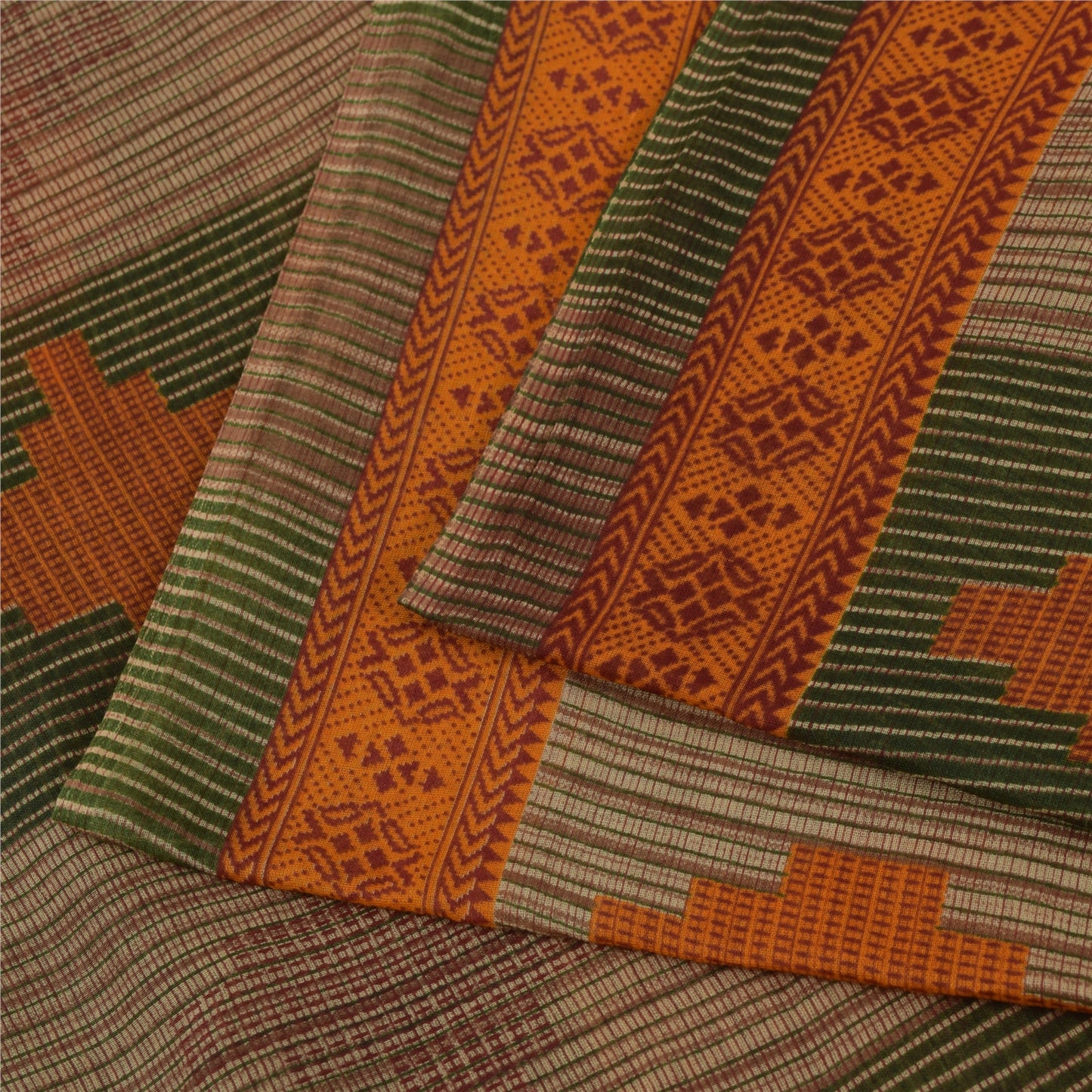 Sanskriti Vintage Sarees Green & Brown Pure Cotton Geometric Printed Sari Fabric