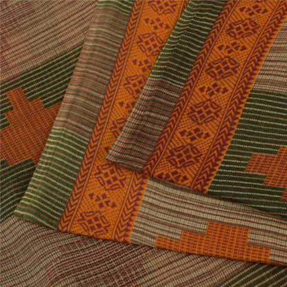 Sanskriti Vintage Sarees Green & Brown Pure Cotton Geometric Printed Sari Fabric