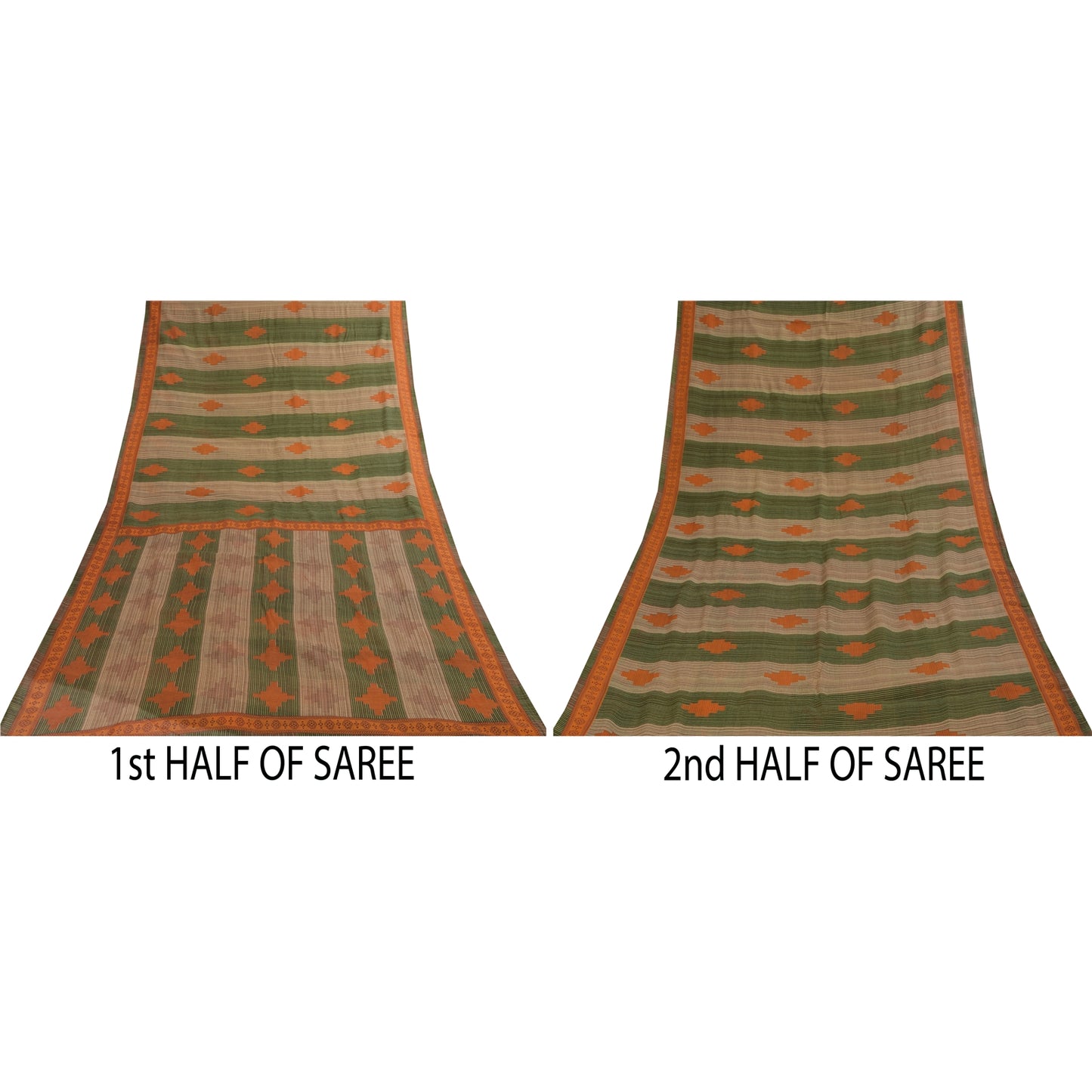 Sanskriti Vintage Sarees Green & Brown Pure Cotton Geometric Printed Sari Fabric