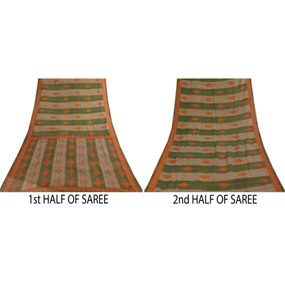 Sanskriti Vintage Sarees Green & Brown Pure Cotton Geometric Printed Sari Fabric