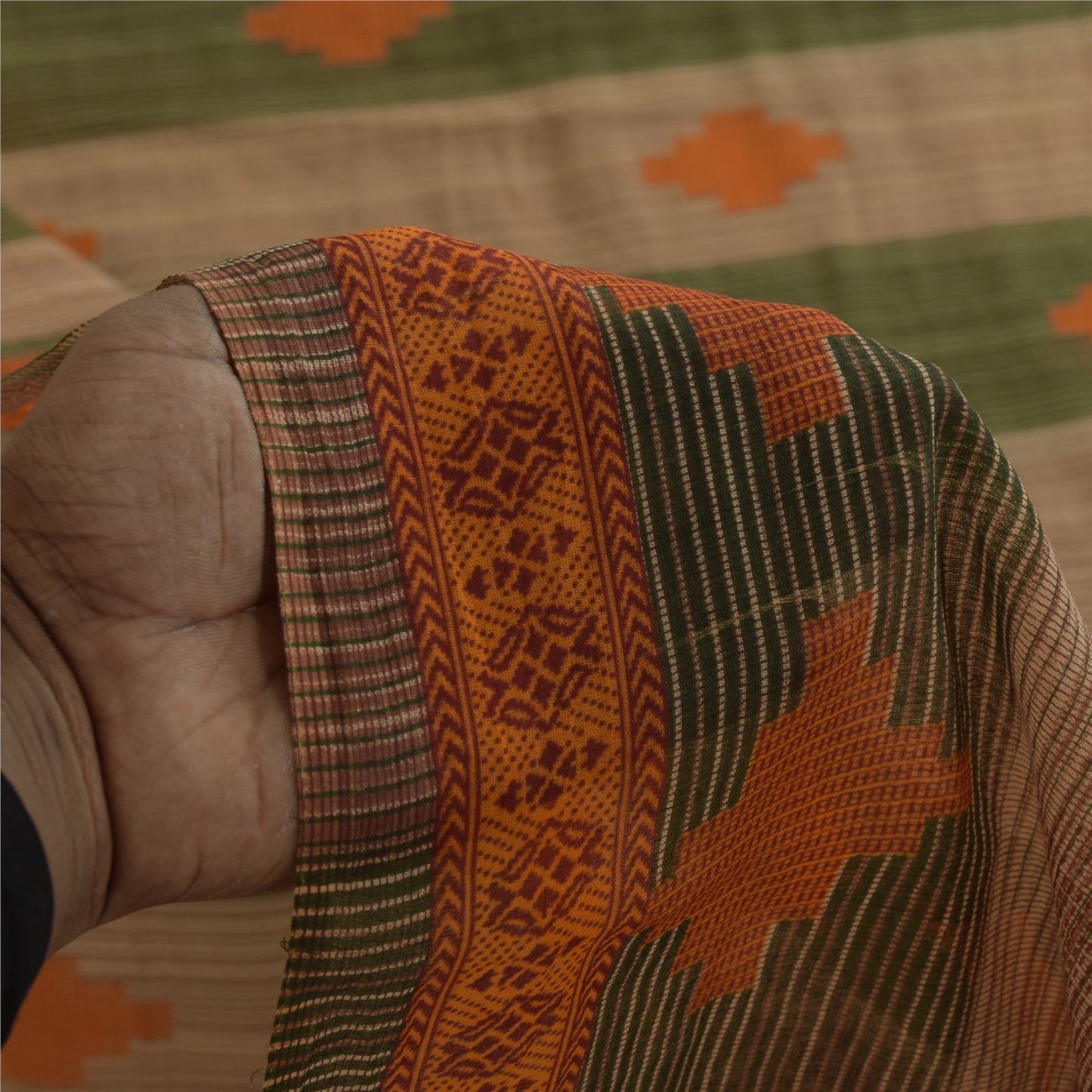 Sanskriti Vintage Sarees Green & Brown Pure Cotton Geometric Printed Sari Fabric