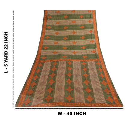 Sanskriti Vintage Sarees Green & Brown Pure Cotton Geometric Printed Sari Fabric