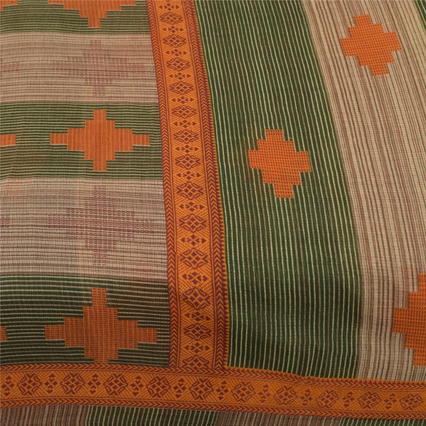 Sanskriti Vintage Sarees Green & Brown Pure Cotton Geometric Printed Sari Fabric