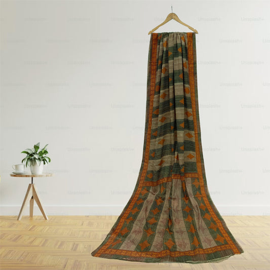 Sanskriti Vintage Sarees Green & Brown Pure Cotton Geometric Printed Sari Fabric