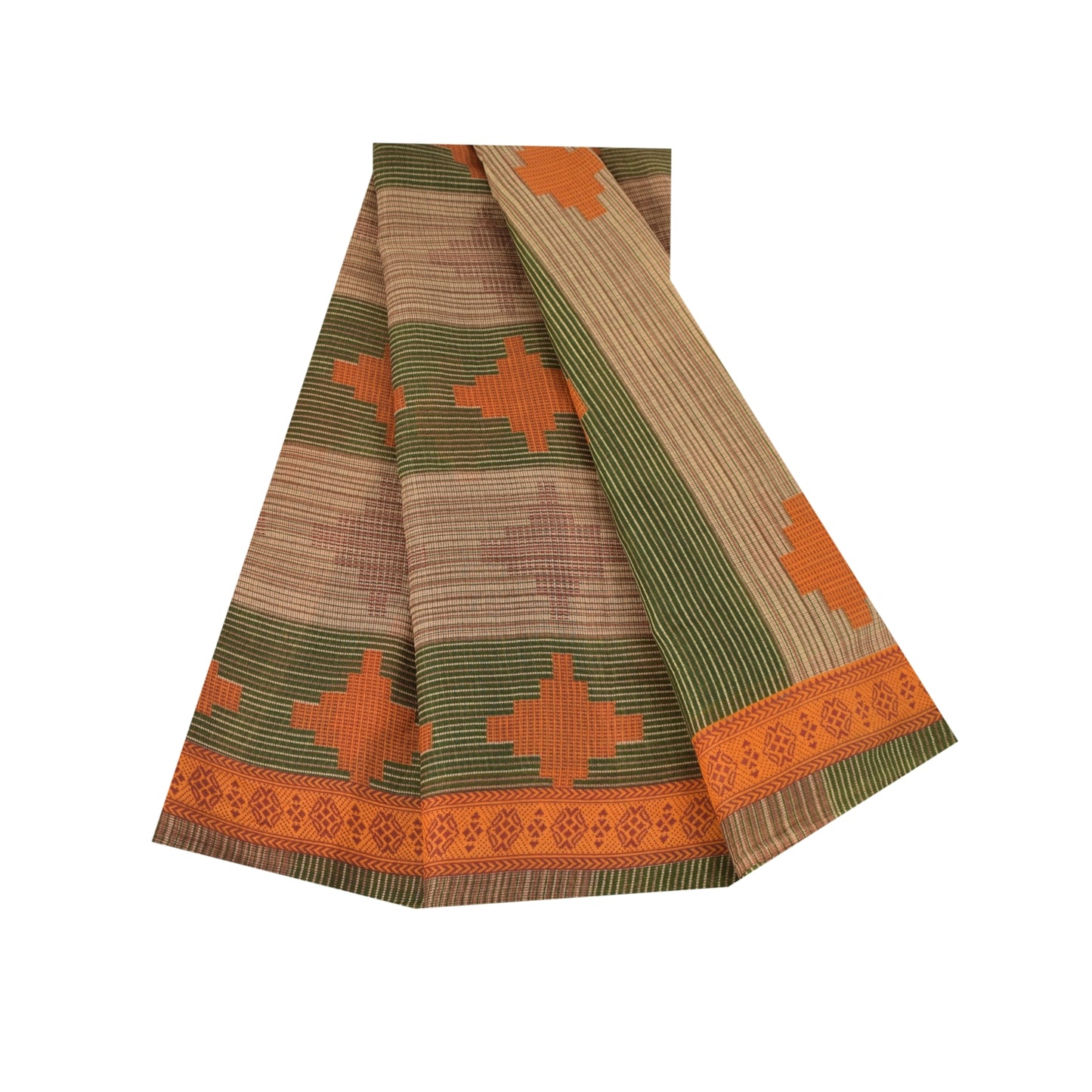 Sanskriti Vintage Sarees Green & Brown Pure Cotton Geometric Printed Sari Fabric