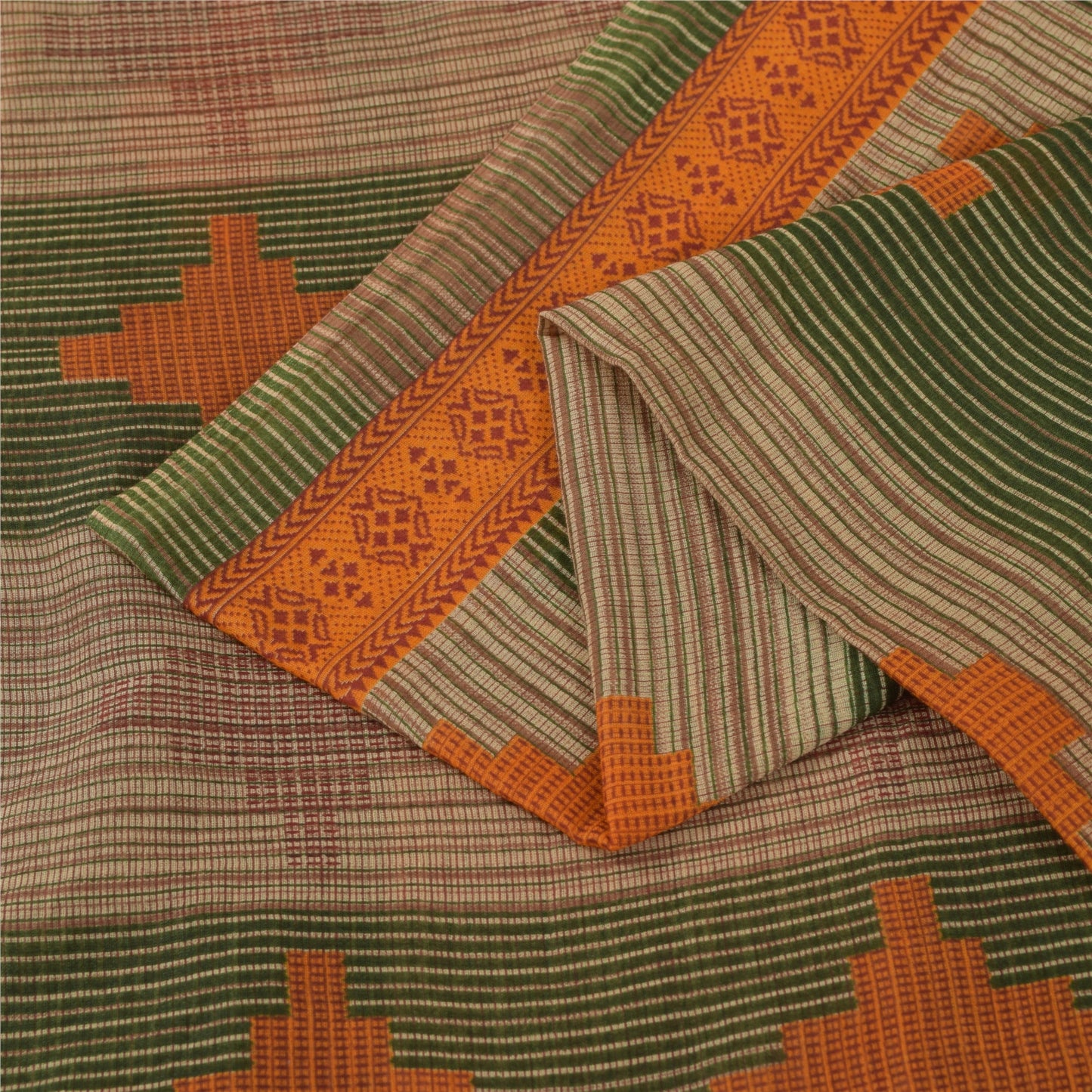 Sanskriti Vintage Sarees Green & Brown Pure Cotton Geometric Printed Sari Fabric