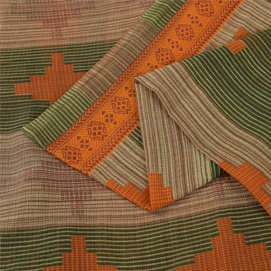 Sanskriti Vintage Sarees Green & Brown Pure Cotton Geometric Printed Sari Fabric