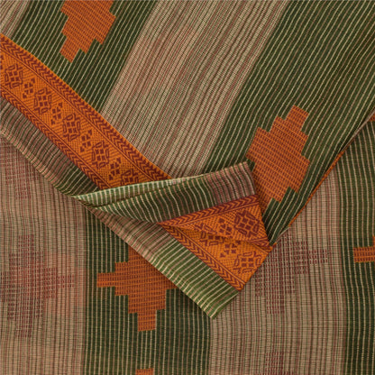 Sanskriti Vintage Sarees Green & Brown Pure Cotton Geometric Printed Sari Fabric