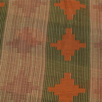 Sanskriti Vintage Sarees Green & Brown Pure Cotton Geometric Printed Sari Fabric