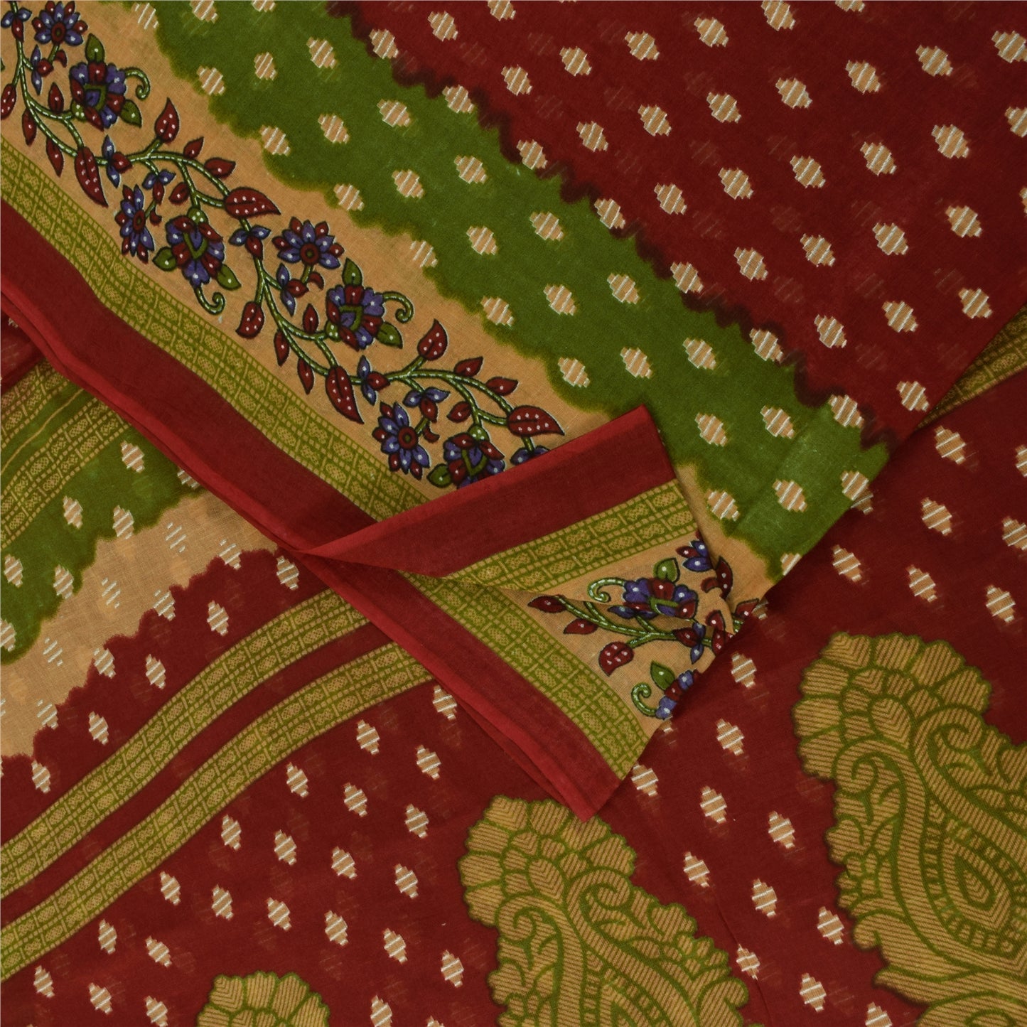 Sanskriti Vintage Sarees Indian Red Pure Cotton Printed Sari 5+yd Craft Fabric