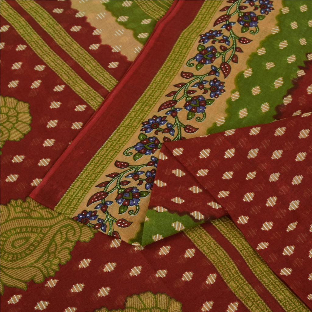 Sanskriti Vintage Sarees Indian Red Pure Cotton Printed Sari 5+yd Craft Fabric
