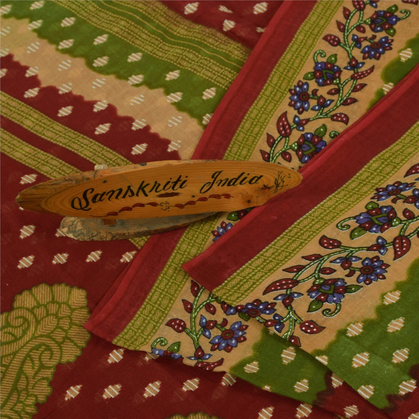 Sanskriti Vintage Sarees Indian Red Pure Cotton Printed Sari 5+yd Craft Fabric