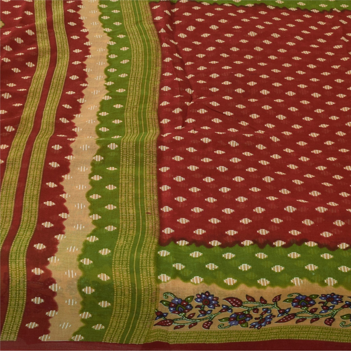 Sanskriti Vintage Sarees Indian Red Pure Cotton Printed Sari 5+yd Craft Fabric