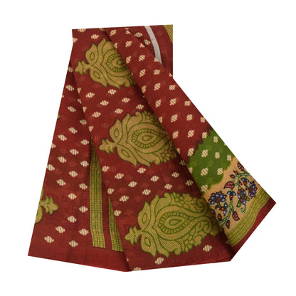 Sanskriti Vintage Sarees Indian Red Pure Cotton Printed Sari 5+yd Craft Fabric