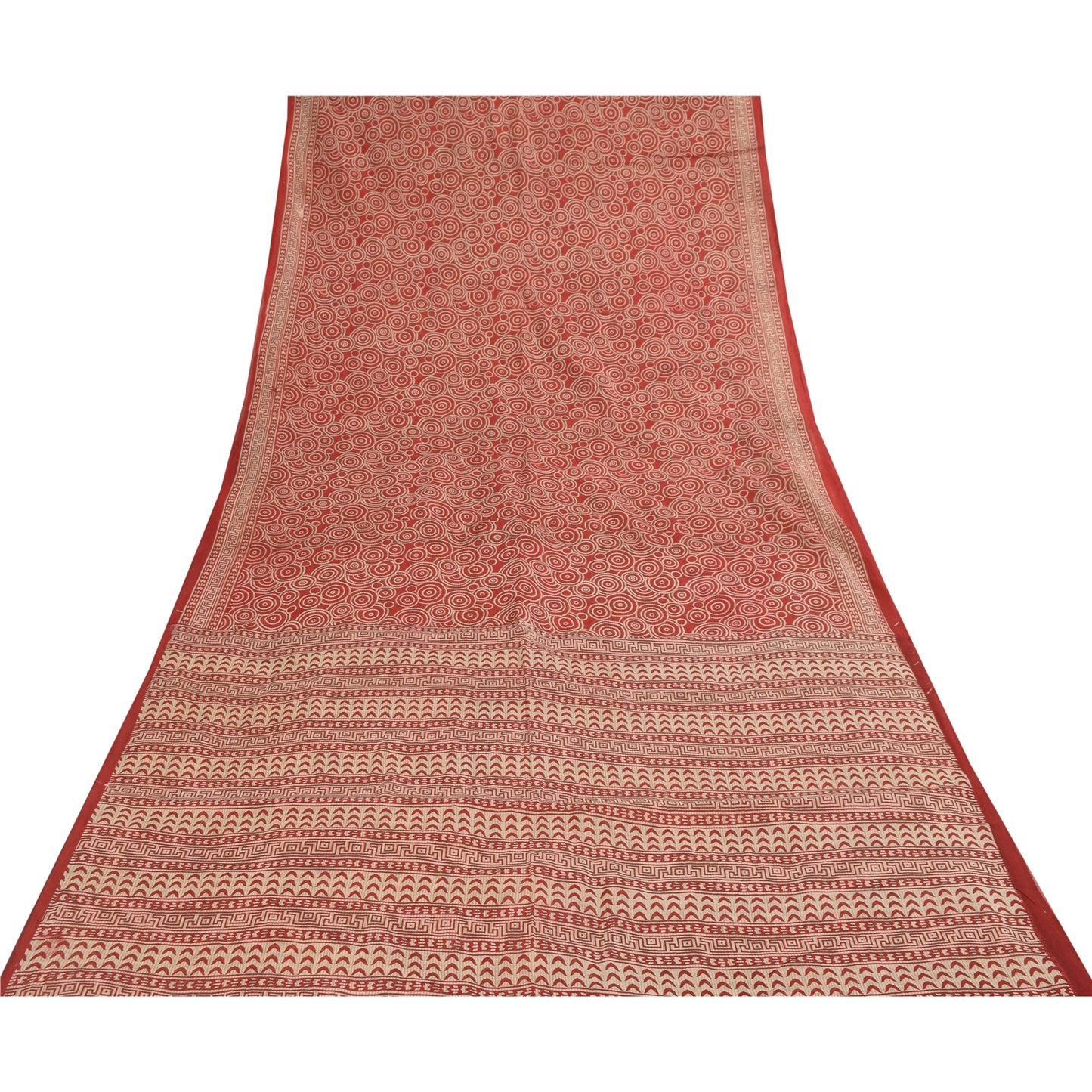 Sanskriti Vintage Sarees Red Pure Cotton Geometric Print Sari 5+yd Craft Fabric
