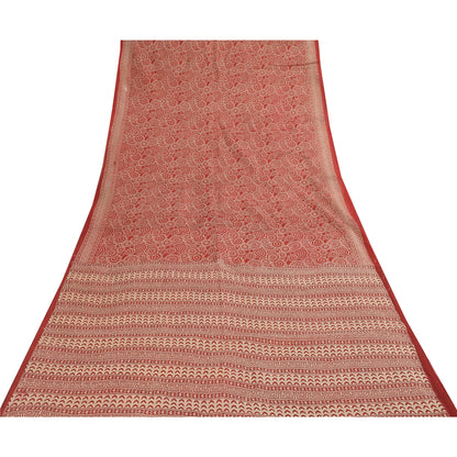 Sanskriti Vintage Sarees Red Pure Cotton Geometric Print Sari 5+yd Craft Fabric