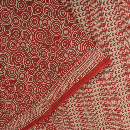Sanskriti Vintage Sarees Red Pure Cotton Geometric Print Sari 5+yd Craft Fabric