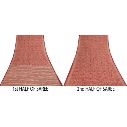 Sanskriti Vintage Sarees Red Pure Cotton Geometric Print Sari 5+yd Craft Fabric