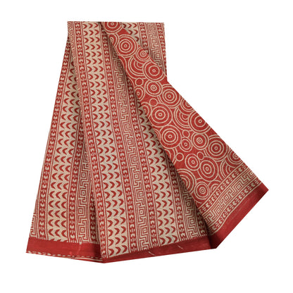 Sanskriti Vintage Sarees Red Pure Cotton Geometric Print Sari 5+yd Craft Fabric