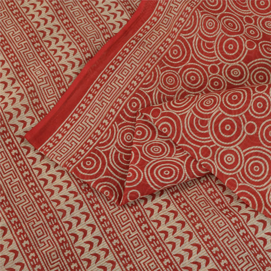 Sanskriti Vintage Sarees Red Pure Cotton Geometric Print Sari 5+yd Craft Fabric