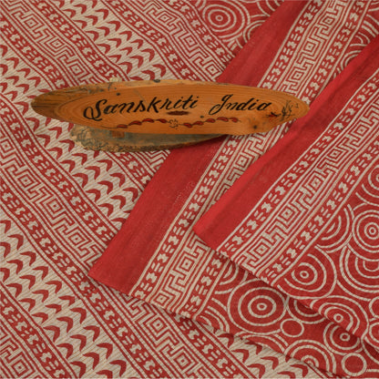 Sanskriti Vintage Sarees Red Pure Cotton Geometric Print Sari 5+yd Craft Fabric