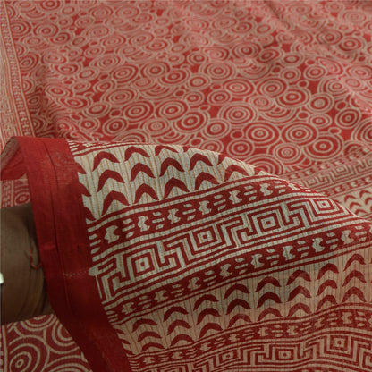 Sanskriti Vintage Sarees Red Pure Cotton Geometric Print Sari 5+yd Craft Fabric
