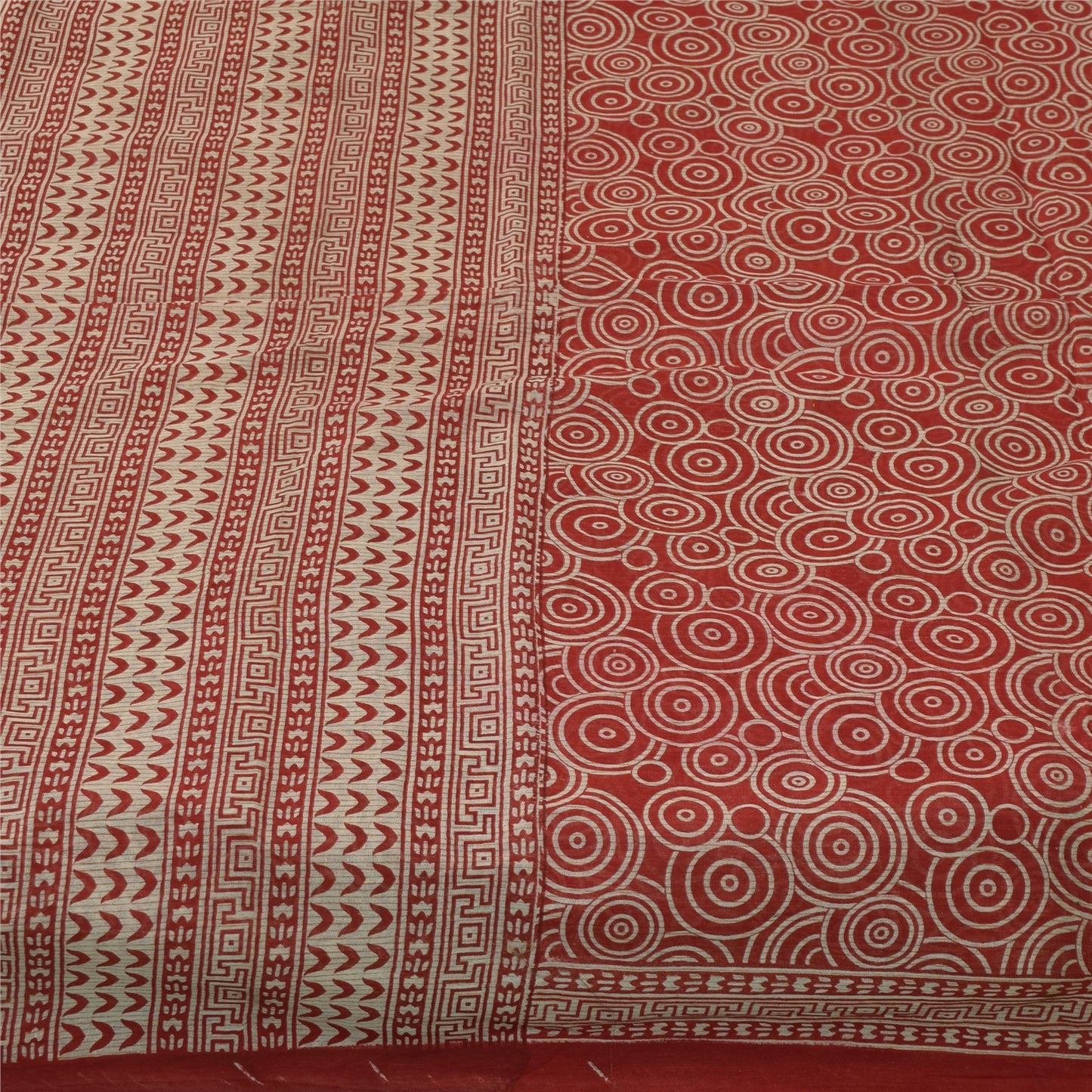 Sanskriti Vintage Sarees Red Pure Cotton Geometric Print Sari 5+yd Craft Fabric