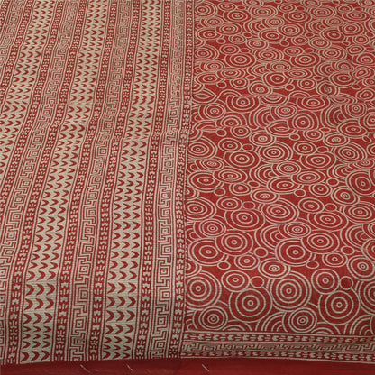 Sanskriti Vintage Sarees Red Pure Cotton Geometric Print Sari 5+yd Craft Fabric