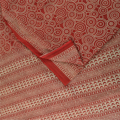 Sanskriti Vintage Sarees Red Pure Cotton Geometric Print Sari 5+yd Craft Fabric
