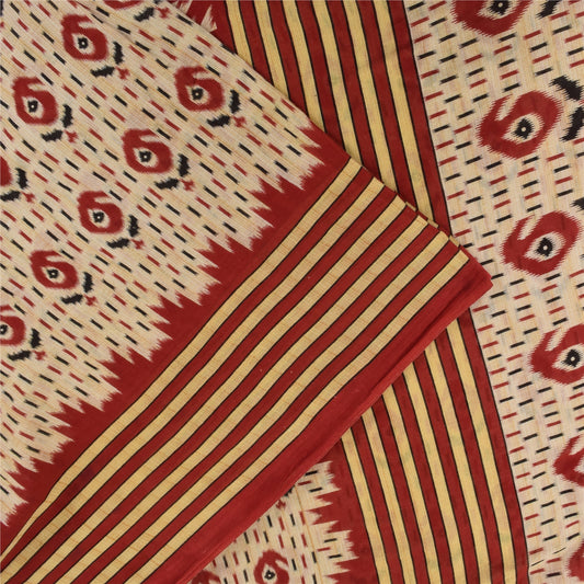 Sanskriti Vintage Sarees Peach Pure Cotton Ikat Printed Sari 5+yd Craft Fabric