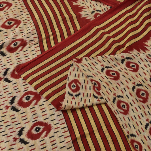 Sanskriti Vintage Sarees Peach Pure Cotton Ikat Printed Sari 5+yd Craft Fabric