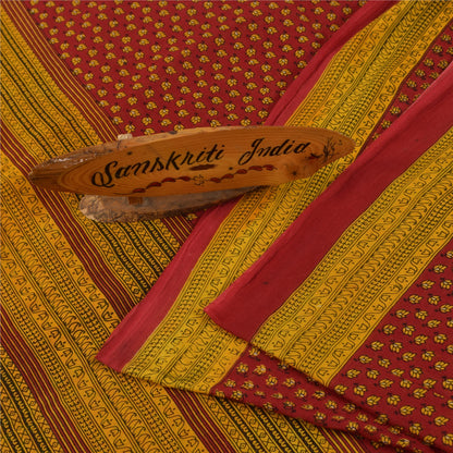 Sanskriti Vintage Sarees Indian Red Pure Cotton Floral Printed Sari 5+yd Fabric