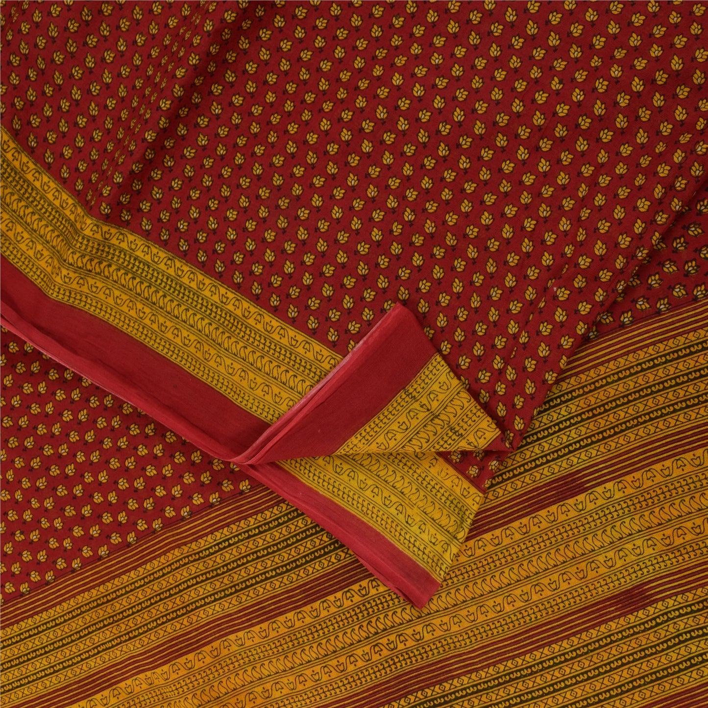 Sanskriti Vintage Sarees Indian Red Pure Cotton Floral Printed Sari 5+yd Fabric