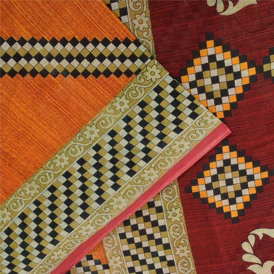 Sanskriti Vintage Sarees Orange Pure Cotton Floral & Geometric Print Sari Fabric