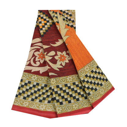 Sanskriti Vintage Sarees Orange Pure Cotton Floral & Geometric Print Sari Fabric