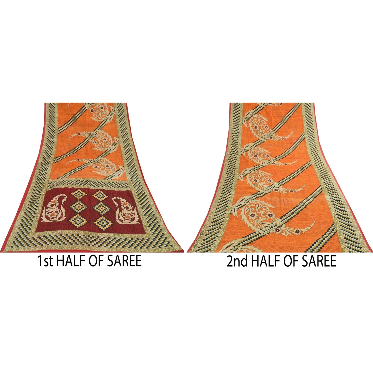 Sanskriti Vintage Sarees Orange Pure Cotton Floral & Geometric Print Sari Fabric