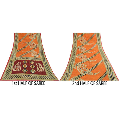 Sanskriti Vintage Sarees Orange Pure Cotton Floral & Geometric Print Sari Fabric