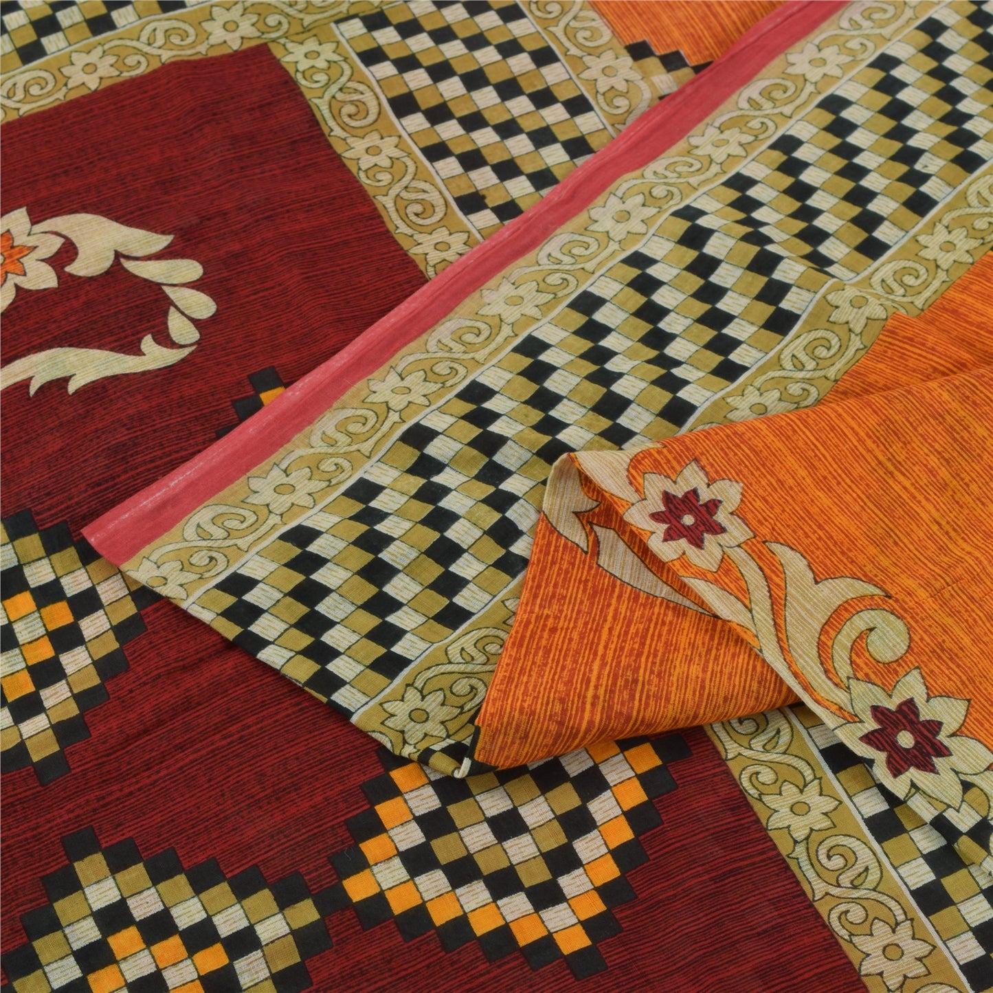 Sanskriti Vintage Sarees Orange Pure Cotton Floral & Geometric Print Sari Fabric