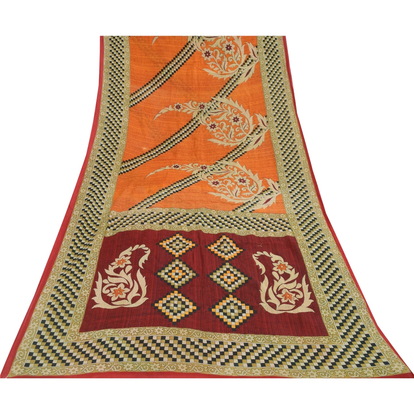 Sanskriti Vintage Sarees Orange Pure Cotton Floral & Geometric Print Sari Fabric
