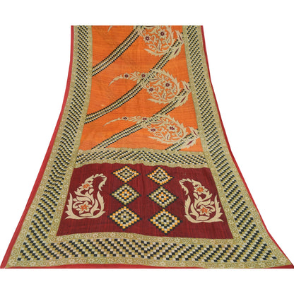 Sanskriti Vintage Sarees Orange Pure Cotton Floral & Geometric Print Sari Fabric