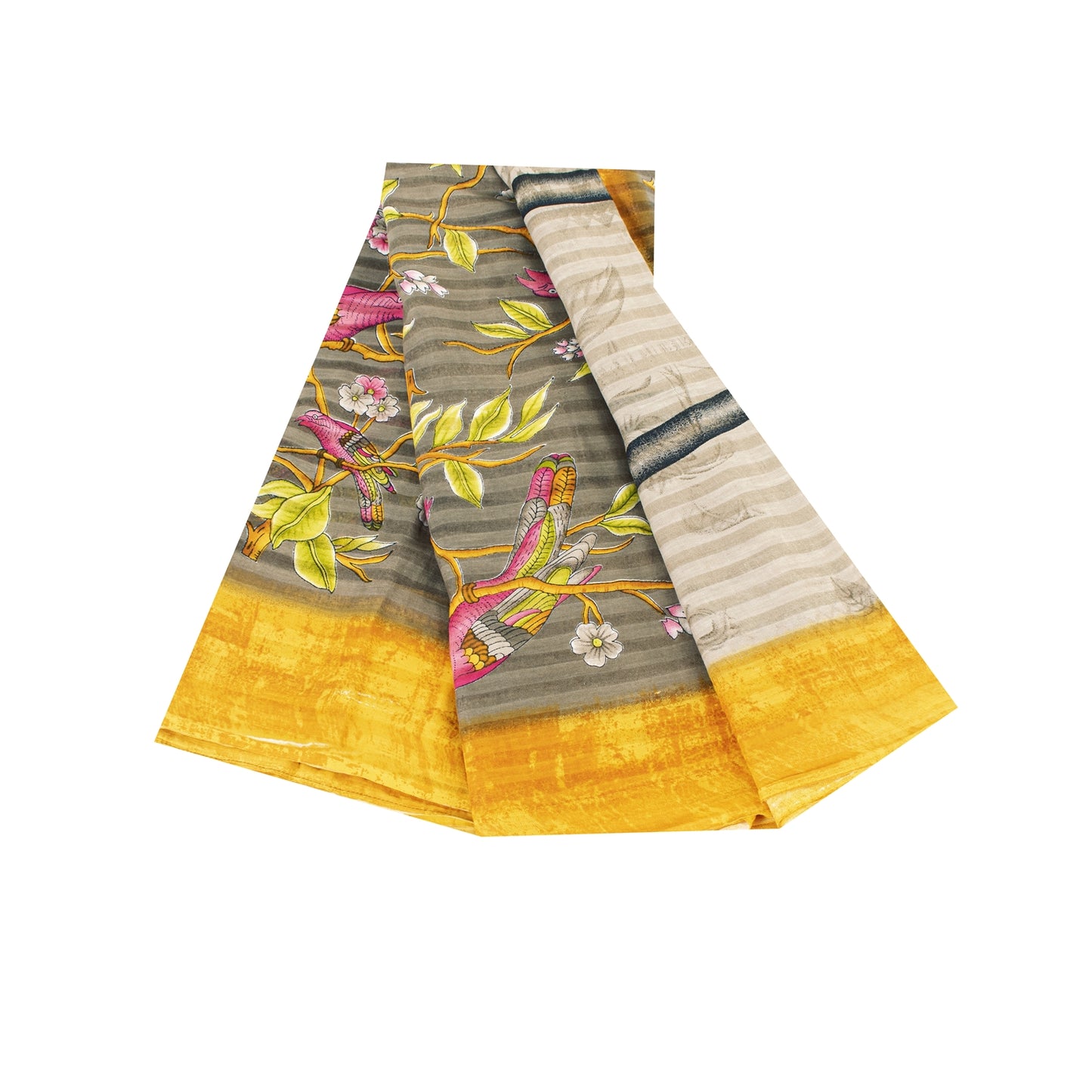 Sanskriti Vintage Sarees Pale Cream Pure Cotton Printed Sari 5+yd Craft Fabric