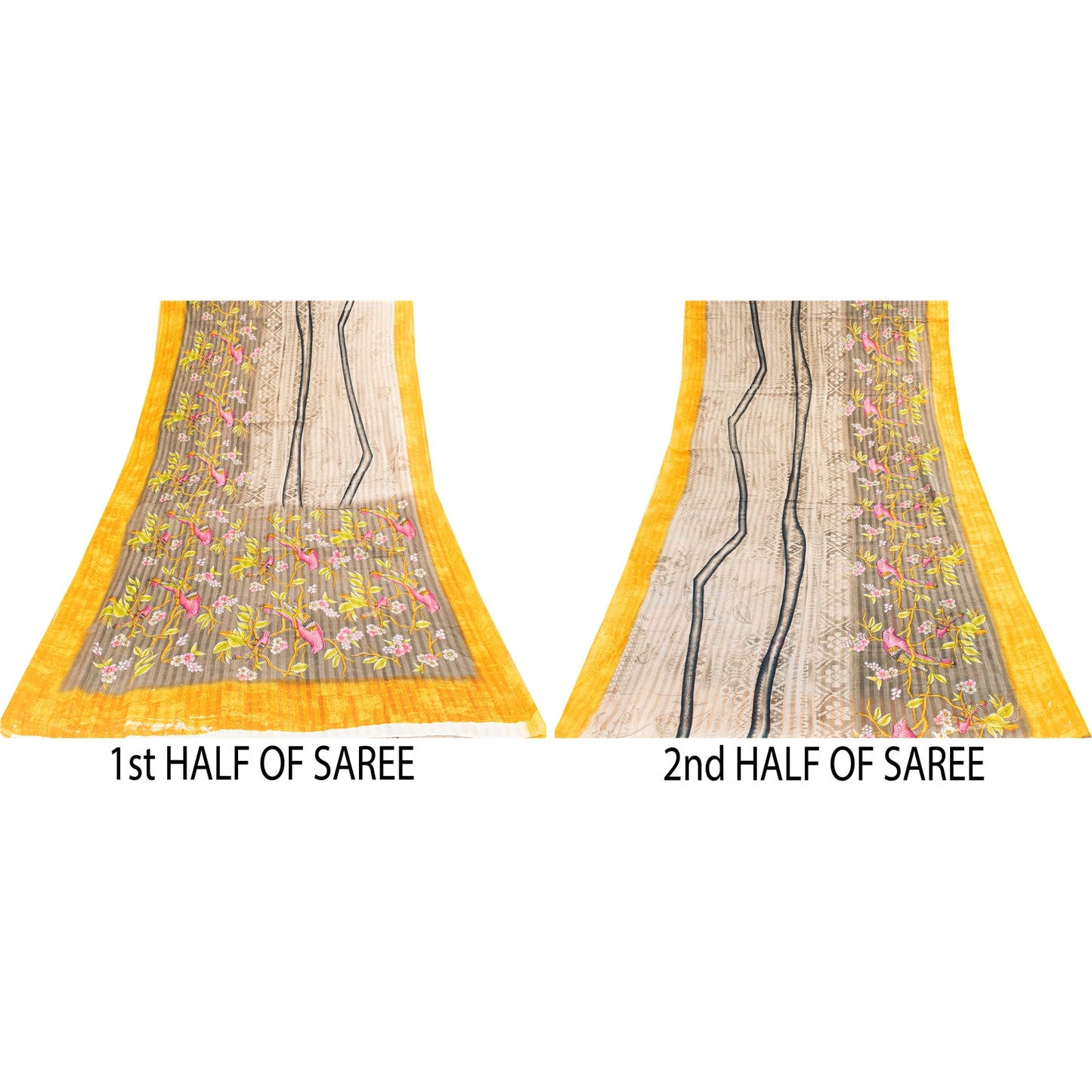 Sanskriti Vintage Sarees Pale Cream Pure Cotton Printed Sari 5+yd Craft Fabric