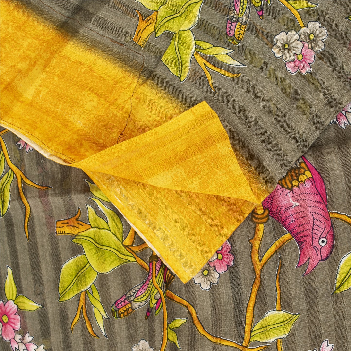 Sanskriti Vintage Sarees Pale Cream Pure Cotton Printed Sari 5+yd Craft Fabric