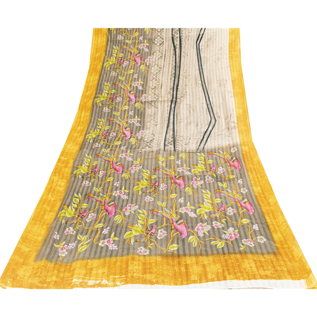 Sanskriti Vintage Sarees Pale Cream Pure Cotton Printed Sari 5+yd Craft Fabric