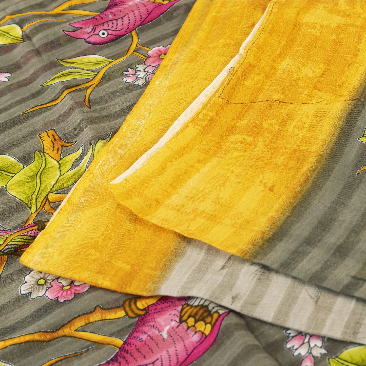 Sanskriti Vintage Sarees Pale Cream Pure Cotton Printed Sari 5+yd Craft Fabric