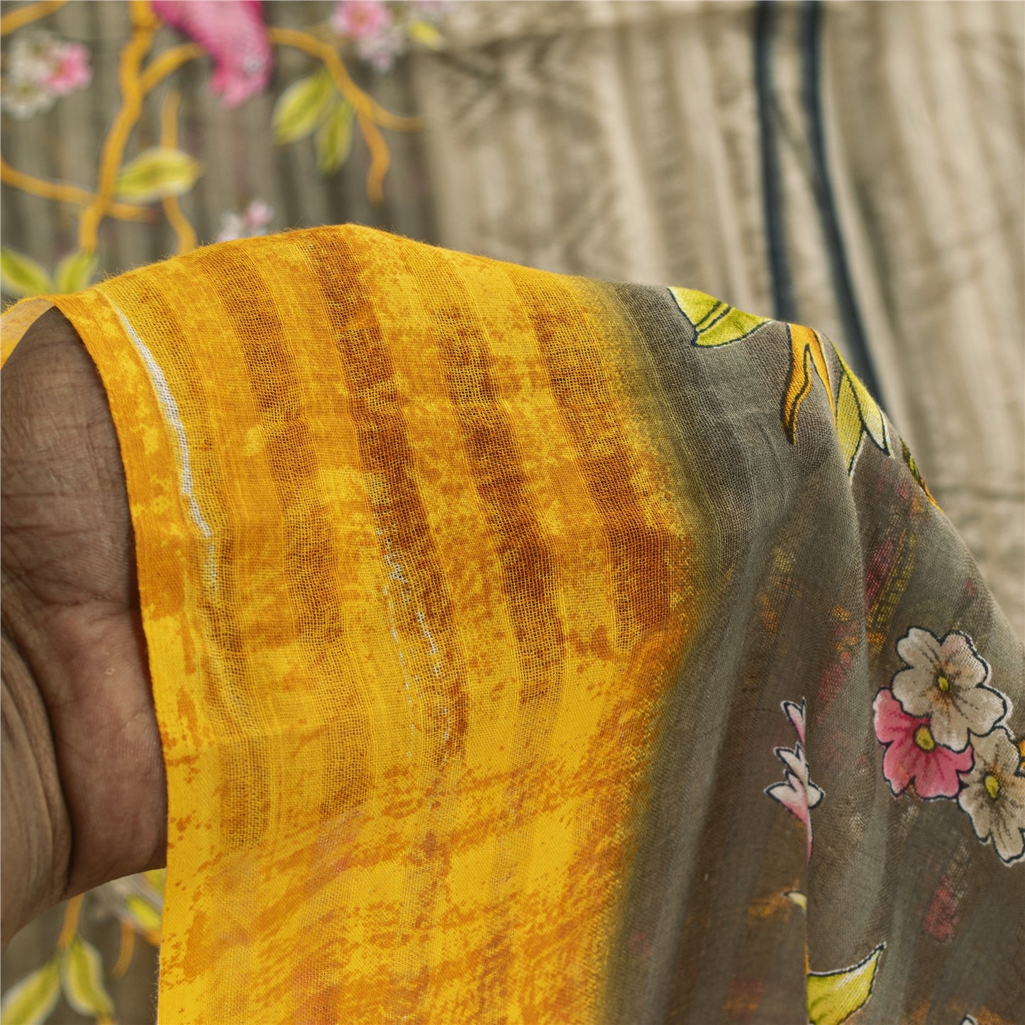 Sanskriti Vintage Sarees Pale Cream Pure Cotton Printed Sari 5+yd Craft Fabric