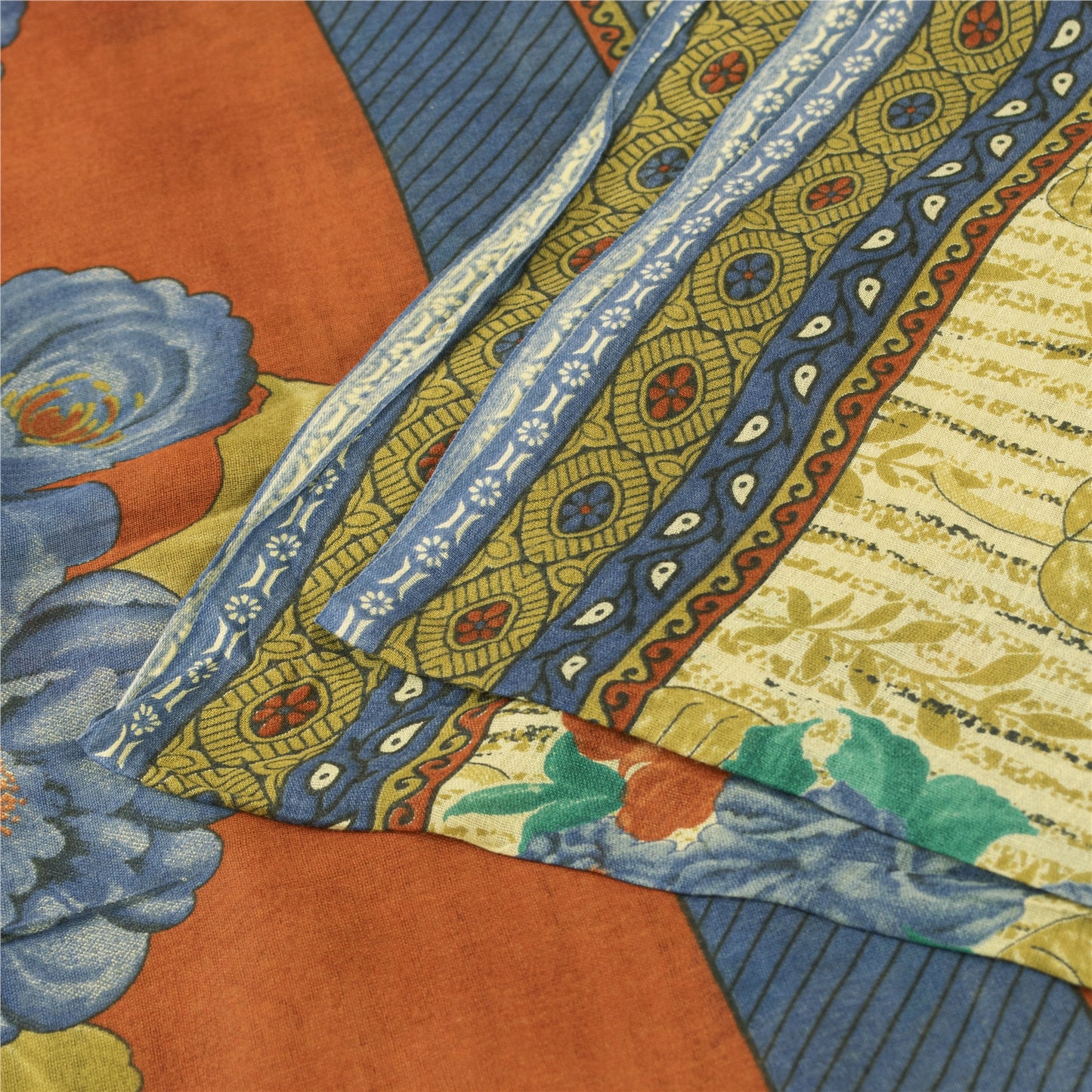 Sanskriti Vintage Sarees Indian Ivory Pure Cotton Printed Sari 5+yd Craft Fabric