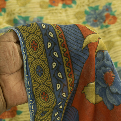 Sanskriti Vintage Sarees Indian Ivory Pure Cotton Printed Sari 5+yd Craft Fabric