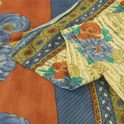 Sanskriti Vintage Sarees Indian Ivory Pure Cotton Printed Sari 5+yd Craft Fabric