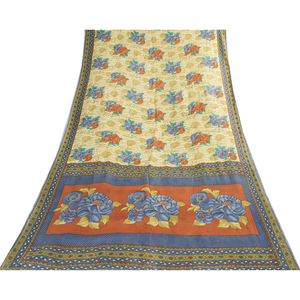 Sanskriti Vintage Sarees Indian Ivory Pure Cotton Printed Sari 5+yd Craft Fabric